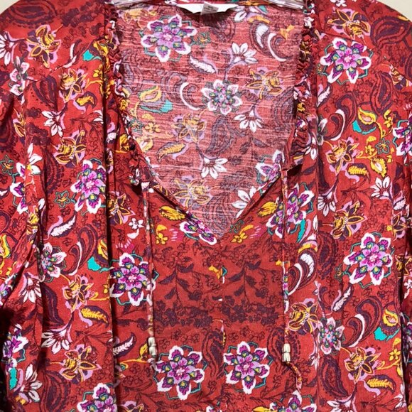 Time & Tru Boho Floral Peplum Top – Rust Red Long Sleeve V-Neck Size XL - Picture 4 of 5
